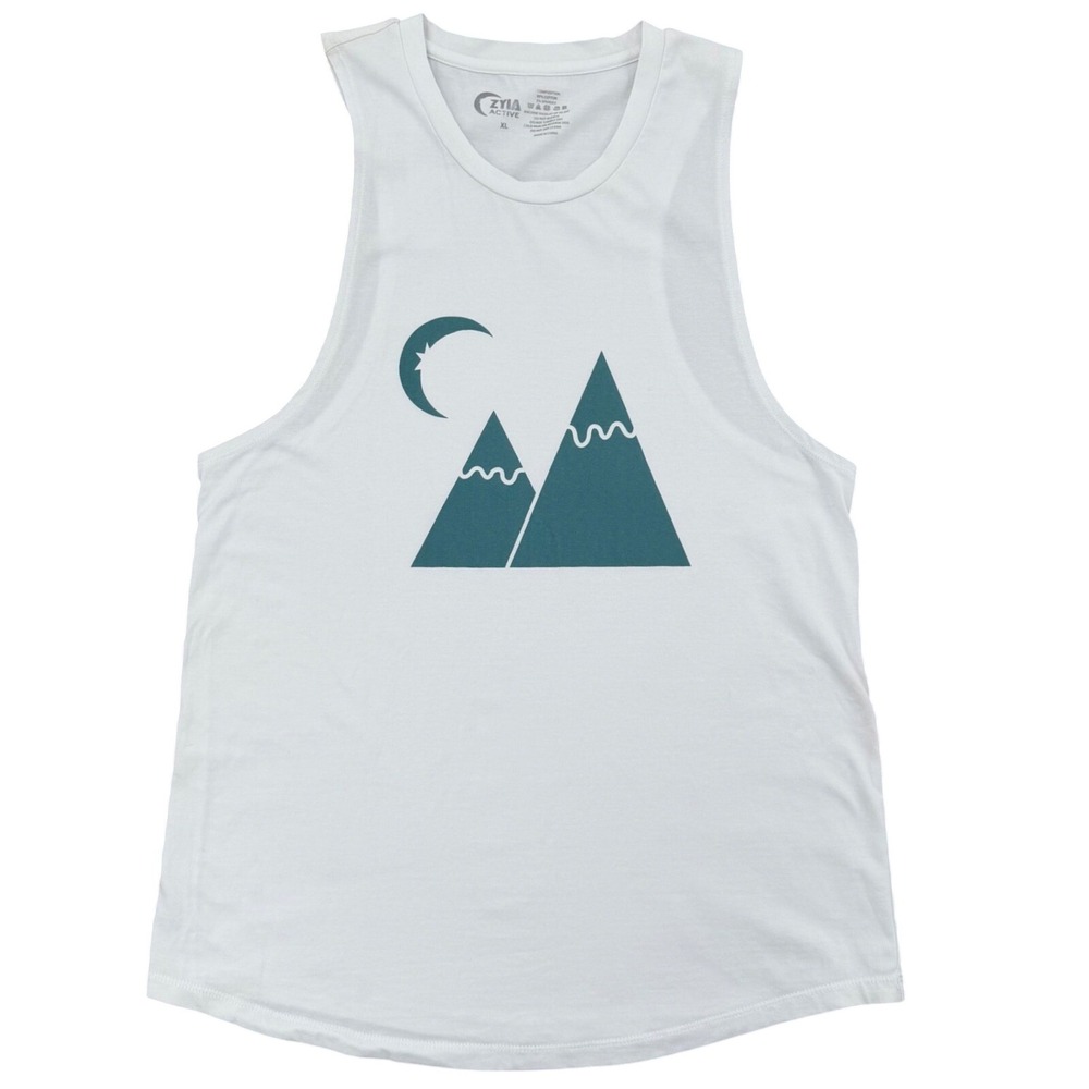 Zyia Active Muscle Tank Women XL White Mountain‎ Moon Graphic Sleeveless Tee